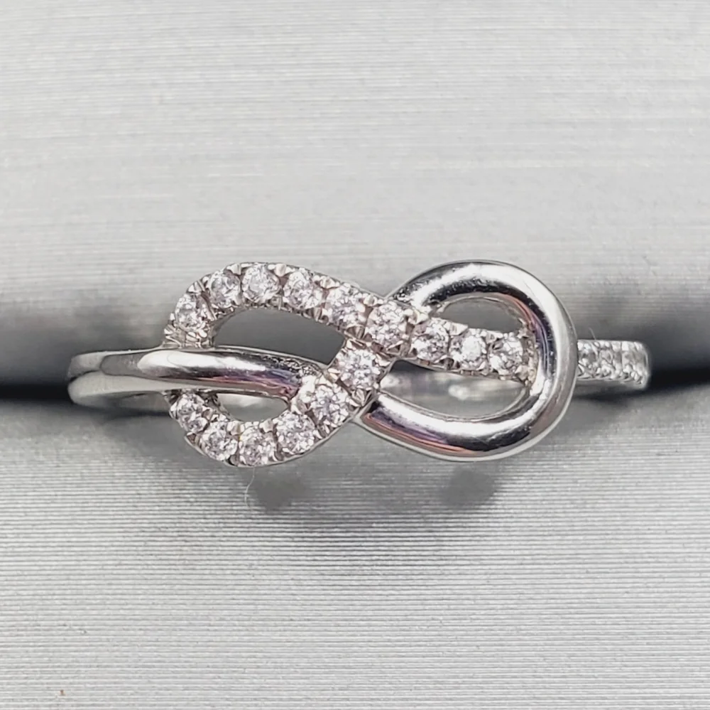 10k Solid White Gold Simulated Round Diamonds Love Knot Twist Ring